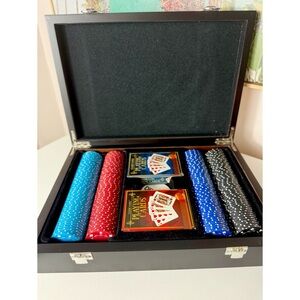 Ambassador Deluxe Poker Chip Set Wood Veneer Case Casino Game Night Gift OS